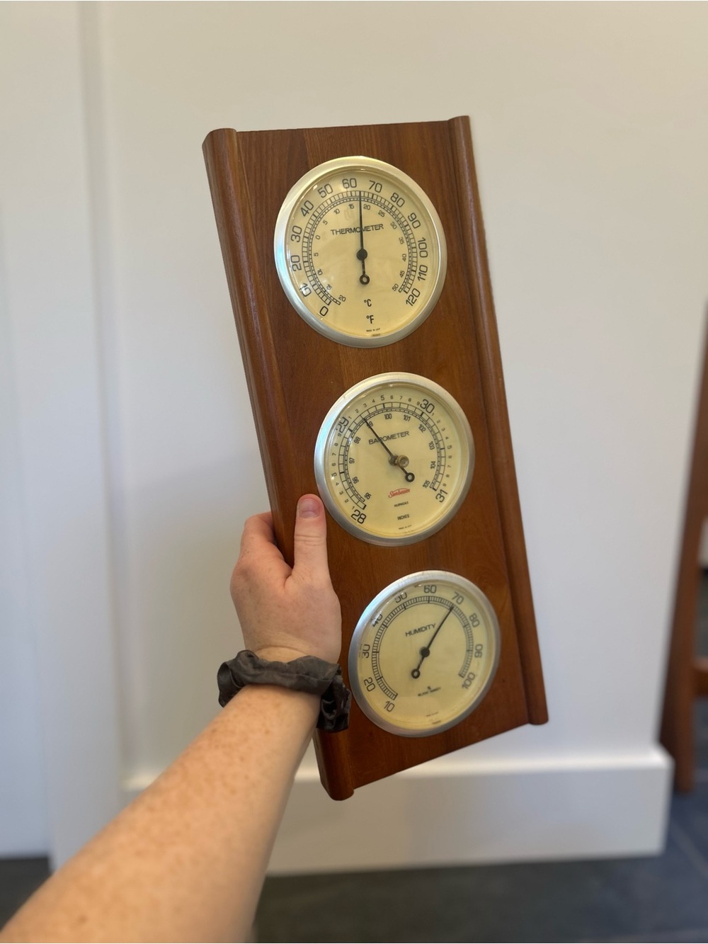Vintage Midcentury Modern Wooden Wall Weather Station - Barometer, Thermometer